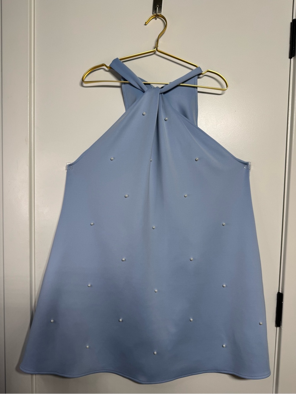 Light Blue Pearl-Embellished Halter- Autumn Wedding/ Bridal Guest Dress